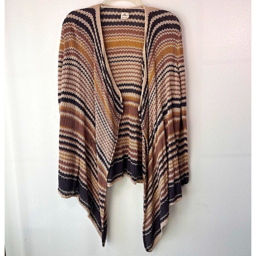 O'Neill Striped Open-Knit Open Front Draped V-Neck Cardigan Sweater M